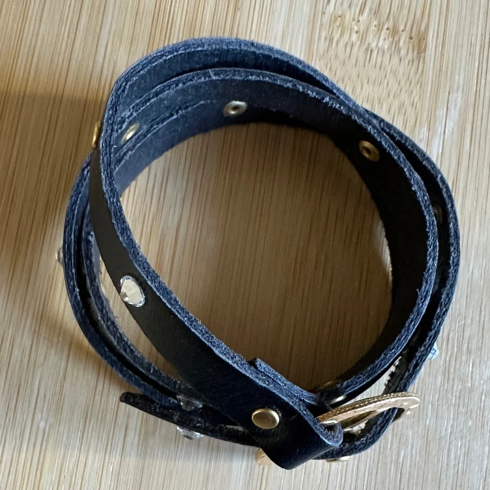 Black Leather Wrap Bracelet w/ Antique Gold & Crystal Accents